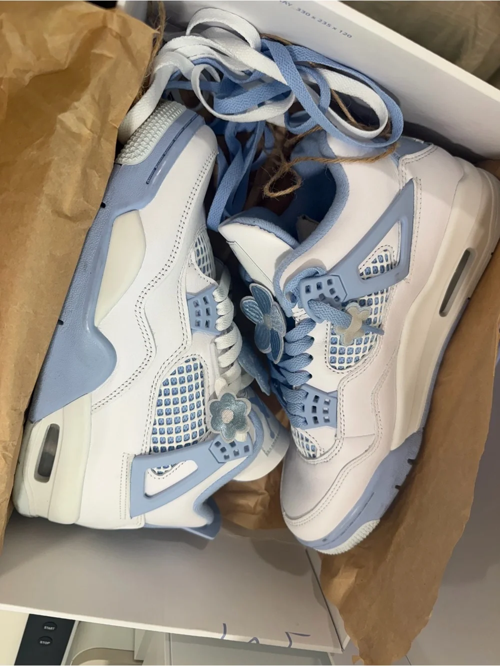 White and Light Blue Jordan 4s Sneakers with Flowers